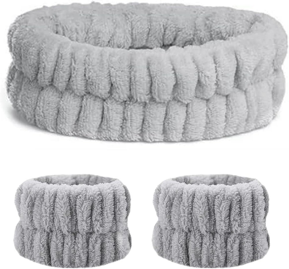3 Pcs Grey Spa Headband Wrist Washband Set Soft Makeup Headbands Elastic Skincar