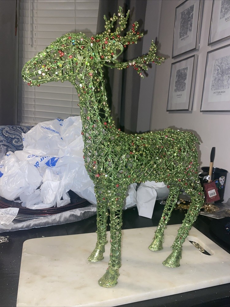 Glam Christmas sparkling Reindeer Figurine Table Decor 18”  green