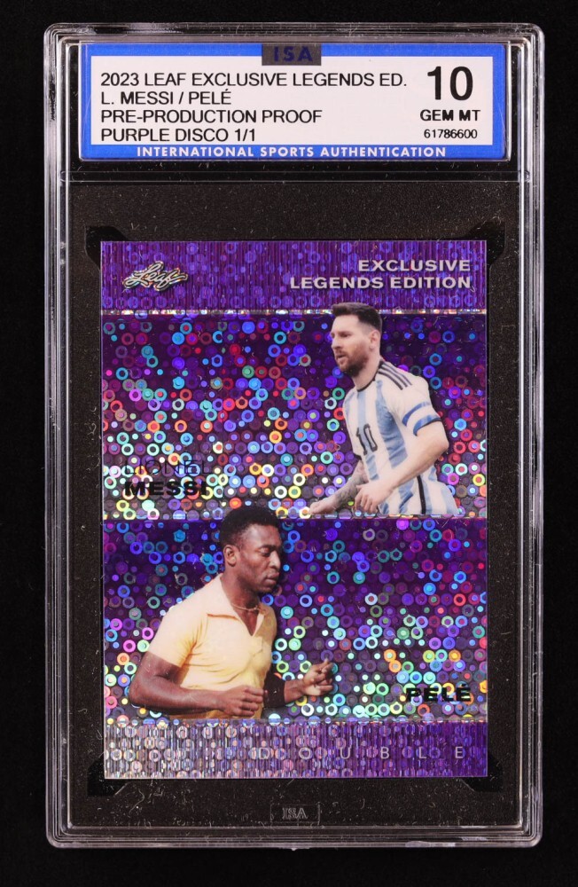 2023 MESSI/PELE EXCLUSIVE LEGENDS PRE PRODUCTION PROOF Purple DISCO 1/1 ISA 10