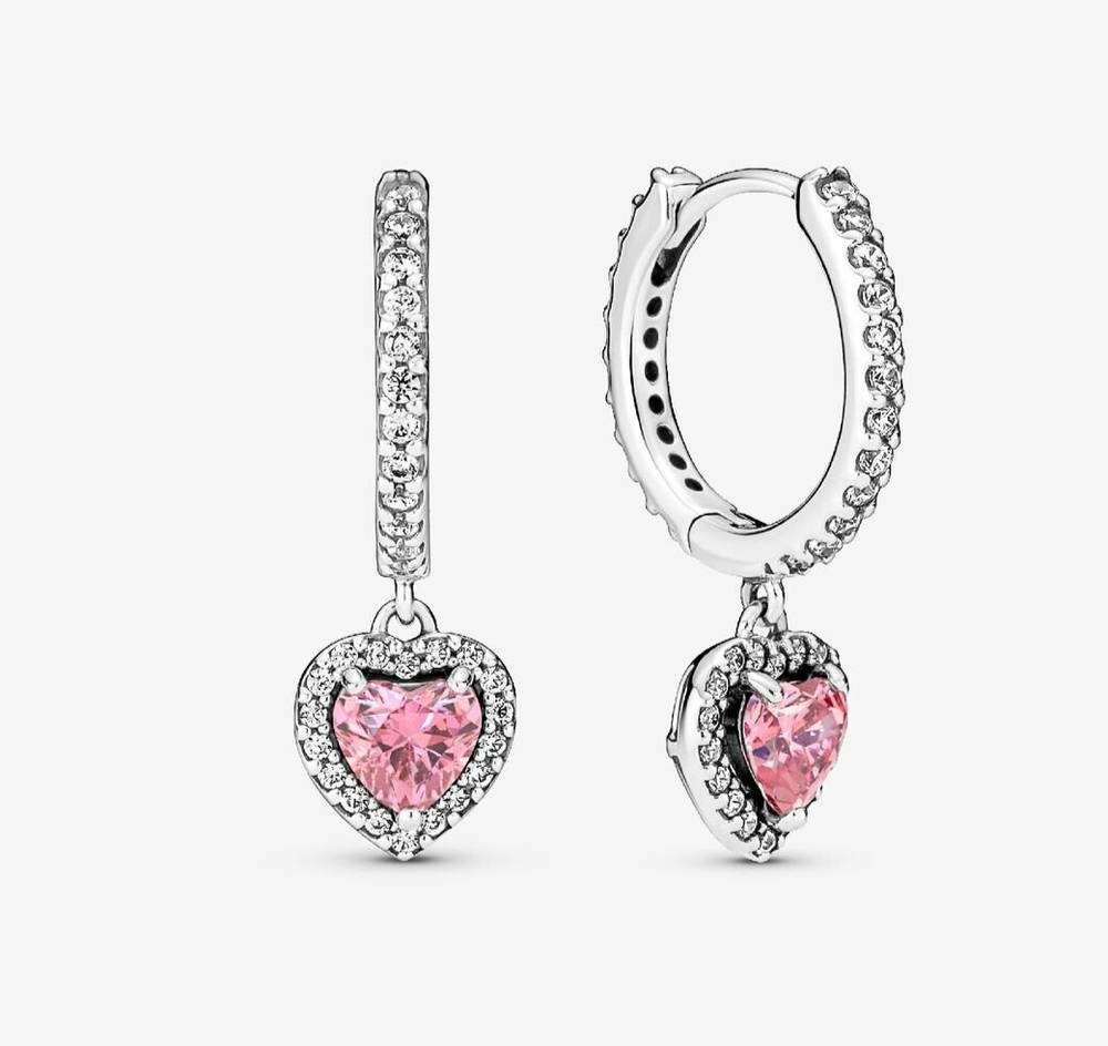 Pandora Sterling Silver Pink Sparkling Halo Heart Hoop Earrings New in Box