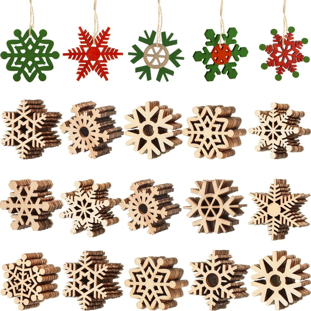 100 Pcs Unfinished Wooden Snowflake Ornaments with Cord for Xmas Tree Decoration