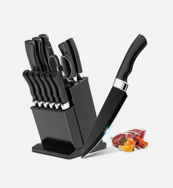Knife Set, 15-Piece Kitchen Knife Set with Block Wooden German Stainless Steel
