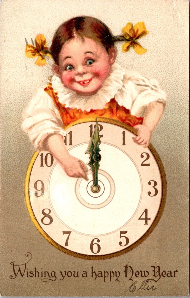 New Year Postcard Brundage Faced Little Girl Changing Hands on a Clock