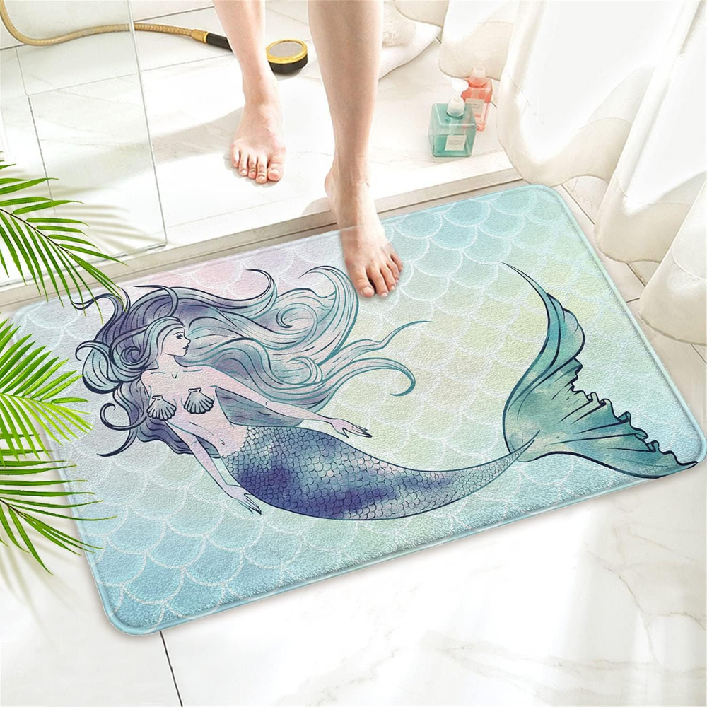 Mermaid Design Cashmere Bathroom Rug with Non-Slip Rubber Backing for Superior Absorption