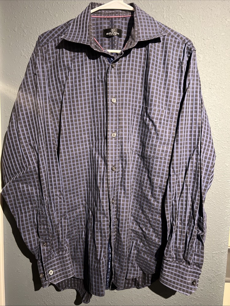 Bugatchi Uomo Men's Long Sleeve Dress Shirt - Size Large - Blue / Black - Nice!