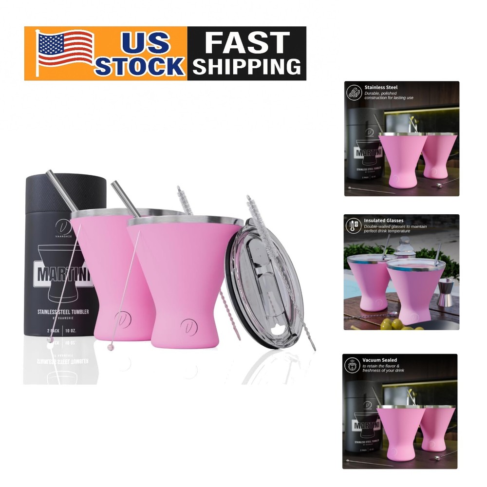 Stemless Insulated 10oz Stainless Steel Martini Glass Set for Cocktails