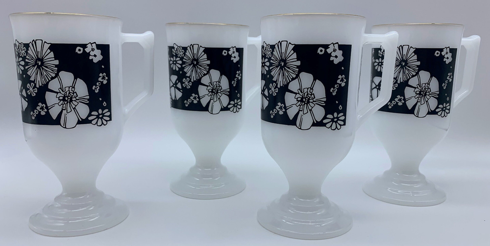 Set of 4 Vintage MCM Footed Milk Glass Handled Mugs Black White Floral Pattern