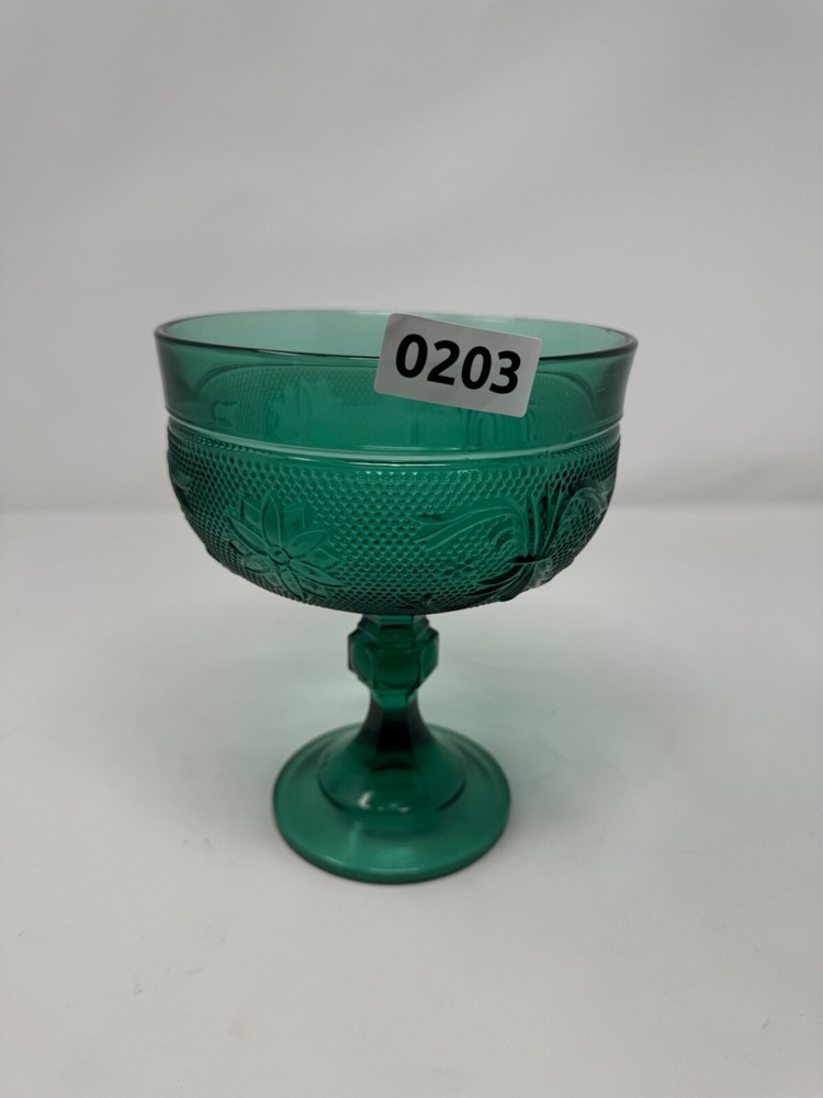 Vintage Green Pressed Glass Pedestal Bowl with Floral Design