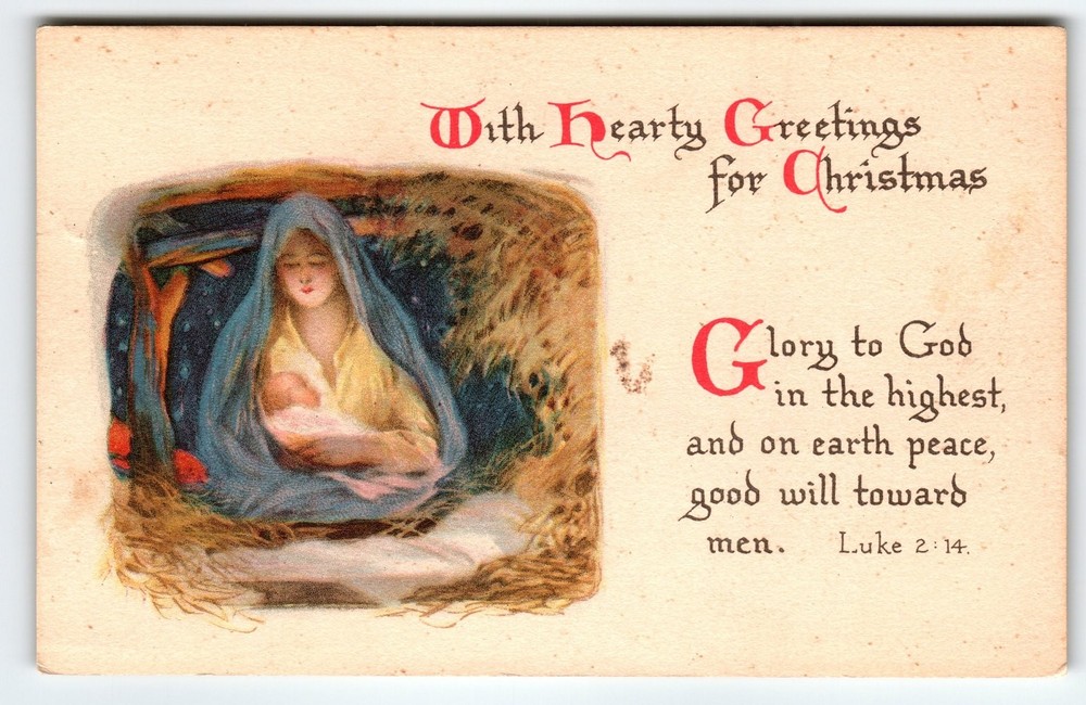 Vintage 1924 Christmas Postcard Nativity Scene With Hearty Greetings