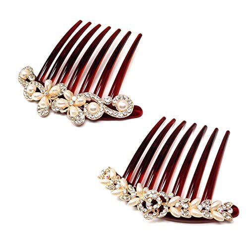 Honbay 2-Pack 7-Toothed Rhinestone Floral Hair Side Combs with Pearls