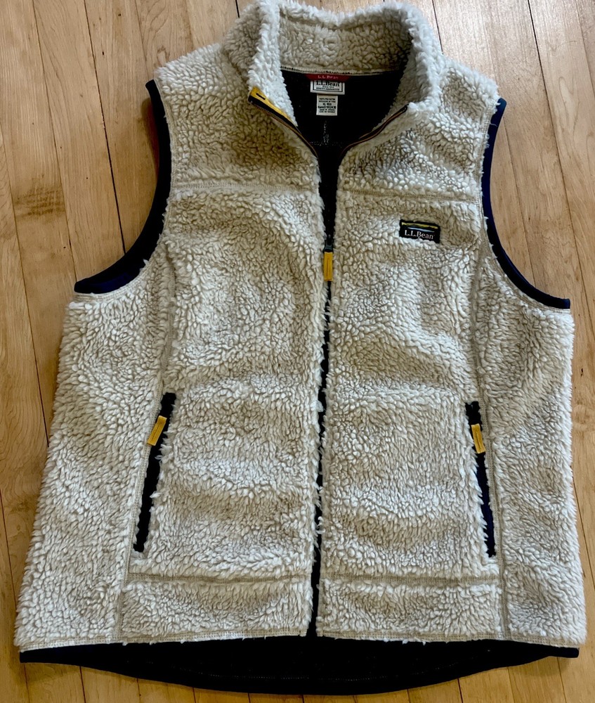 LL Bean Mountain Deep Pile Sherpa Fleece Vest Full Zip Cream Mens XL