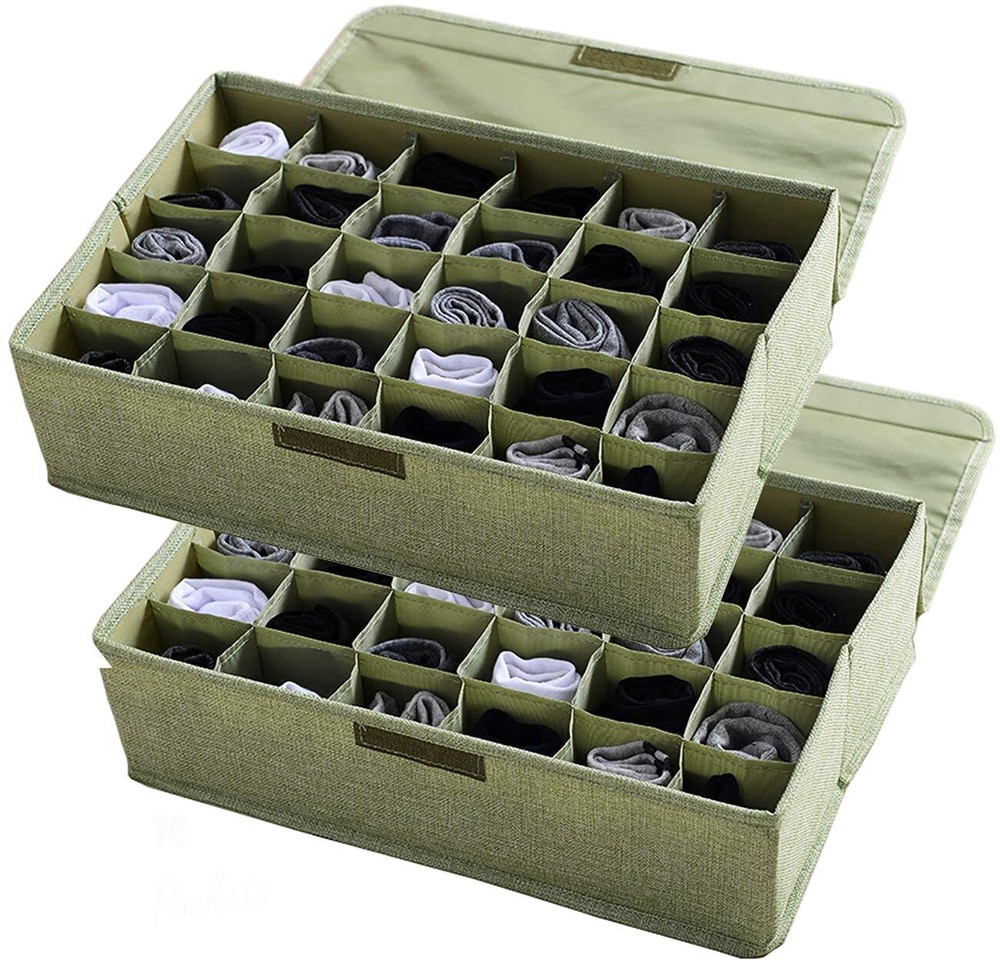 2 Pack Underwear Socks Ties Storage Organizer with Lids, 30 Cells Each