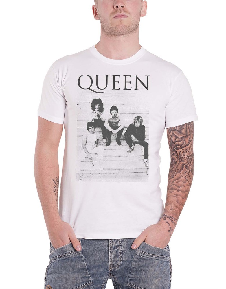 Queen Band Logo Bohemian Rhapsody Official Men's White T-Shirt with Stairs Photo Design