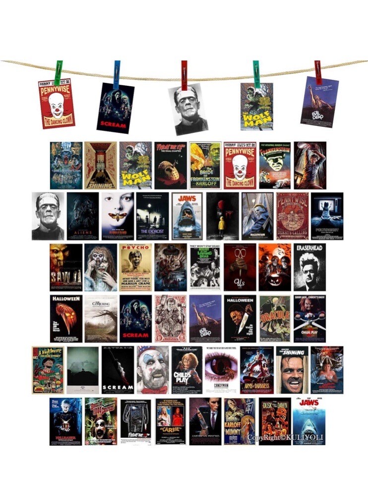 50PCS Vintage Classic Horror Movie Posters Wall Collage Kit,Creepy Scary Horr...