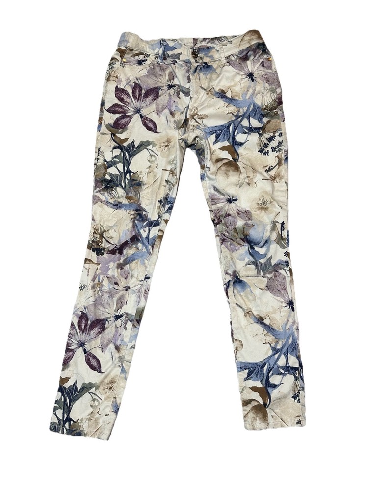 Chicos Platinum Red Rose Floral Print Jeggings 32x28 Button Zip Womens Size 10