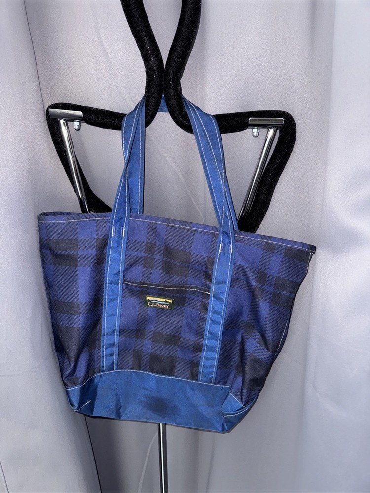 LL Bean Acadia Logo Boat & Tote Bag in Blue Black Plaid - Early 2000s Lightweight Design