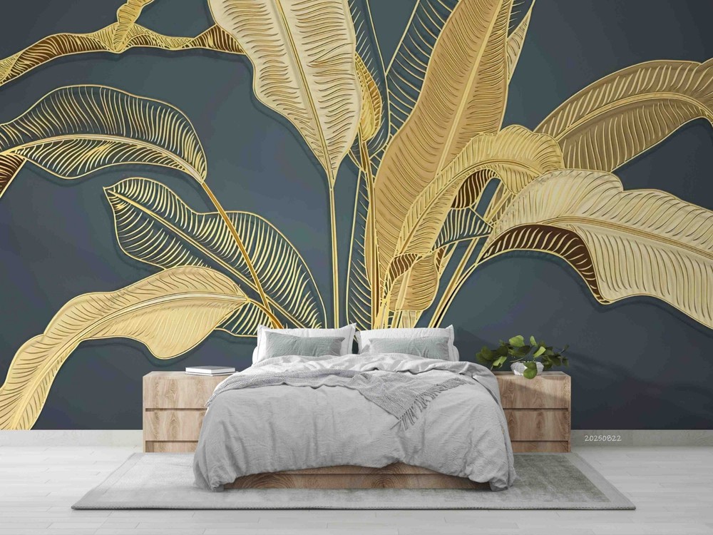 3D Gold Plants Leaves Illustration Wall Murals Wallpaper Murals Wall Sticker
