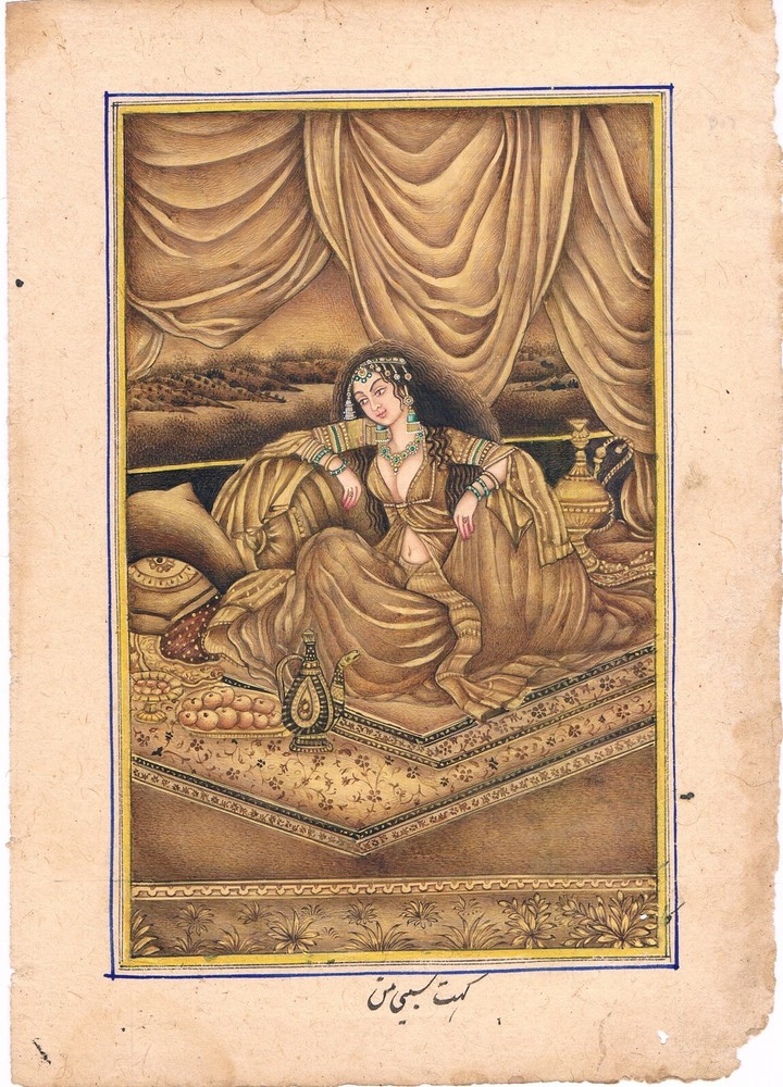 Persian Miniature Painting of a Queen Sitting on Paper 6.5x9 Inches