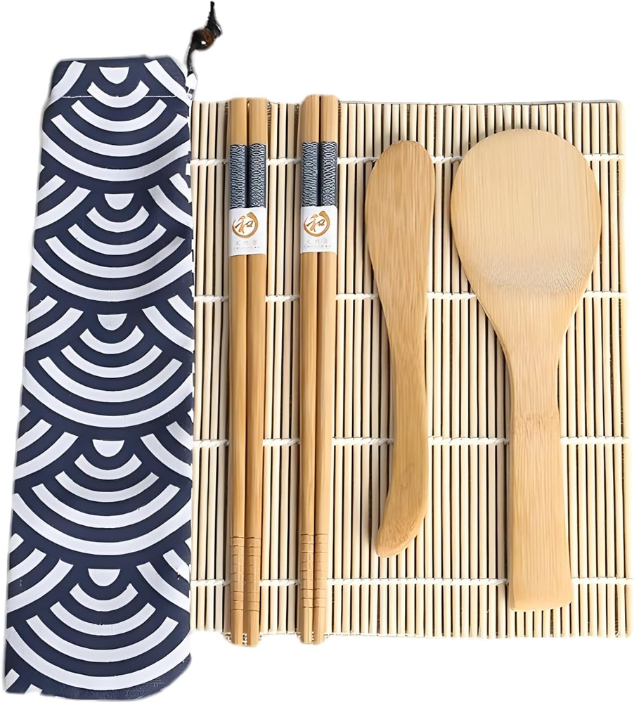 Bamboo Sushi Making Kit with Rolling Mat Rice Paddle Chopsticks and Storage Bag