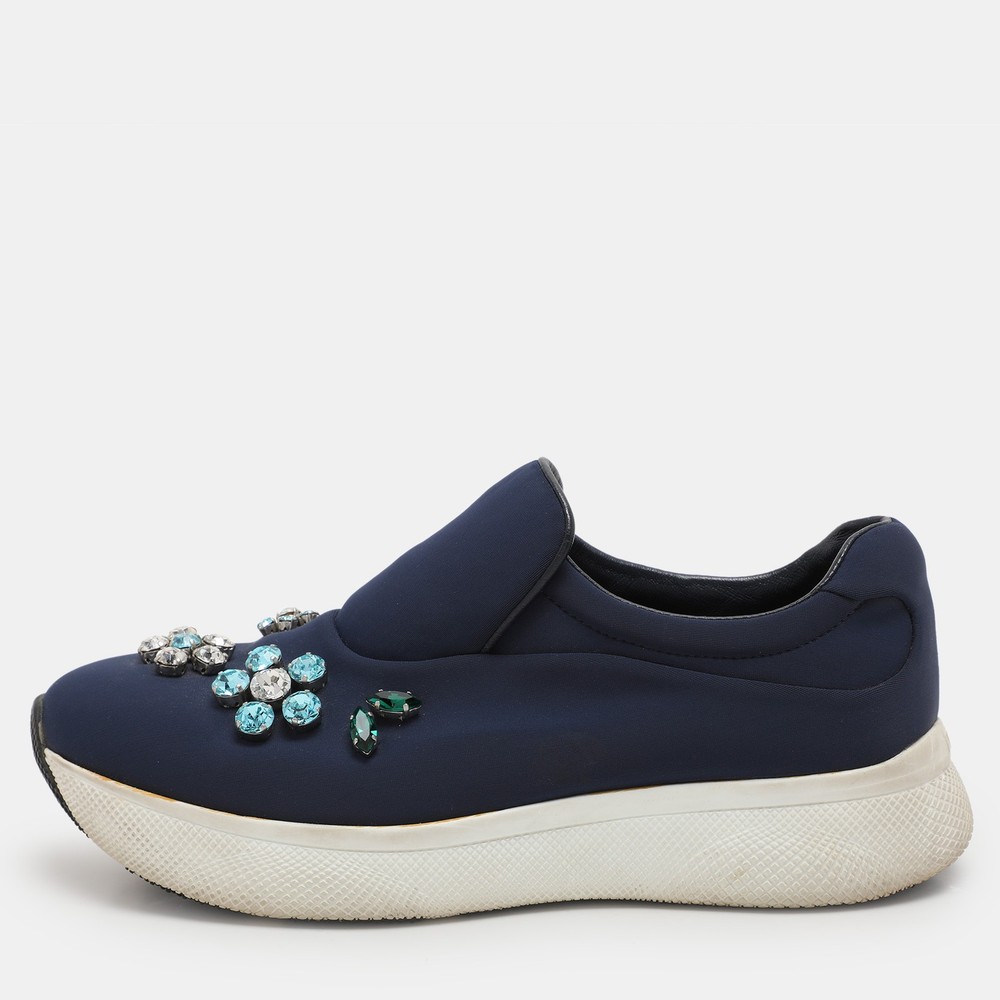 Prada Blue Nylon Crystal Embellished Slip-On Sneakers Catch Me If You Can