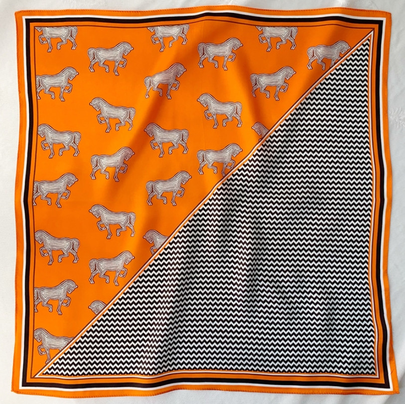 100% Pure Mulberry Silk Orange Horse Print Square Scarf 53cm Elegant Design