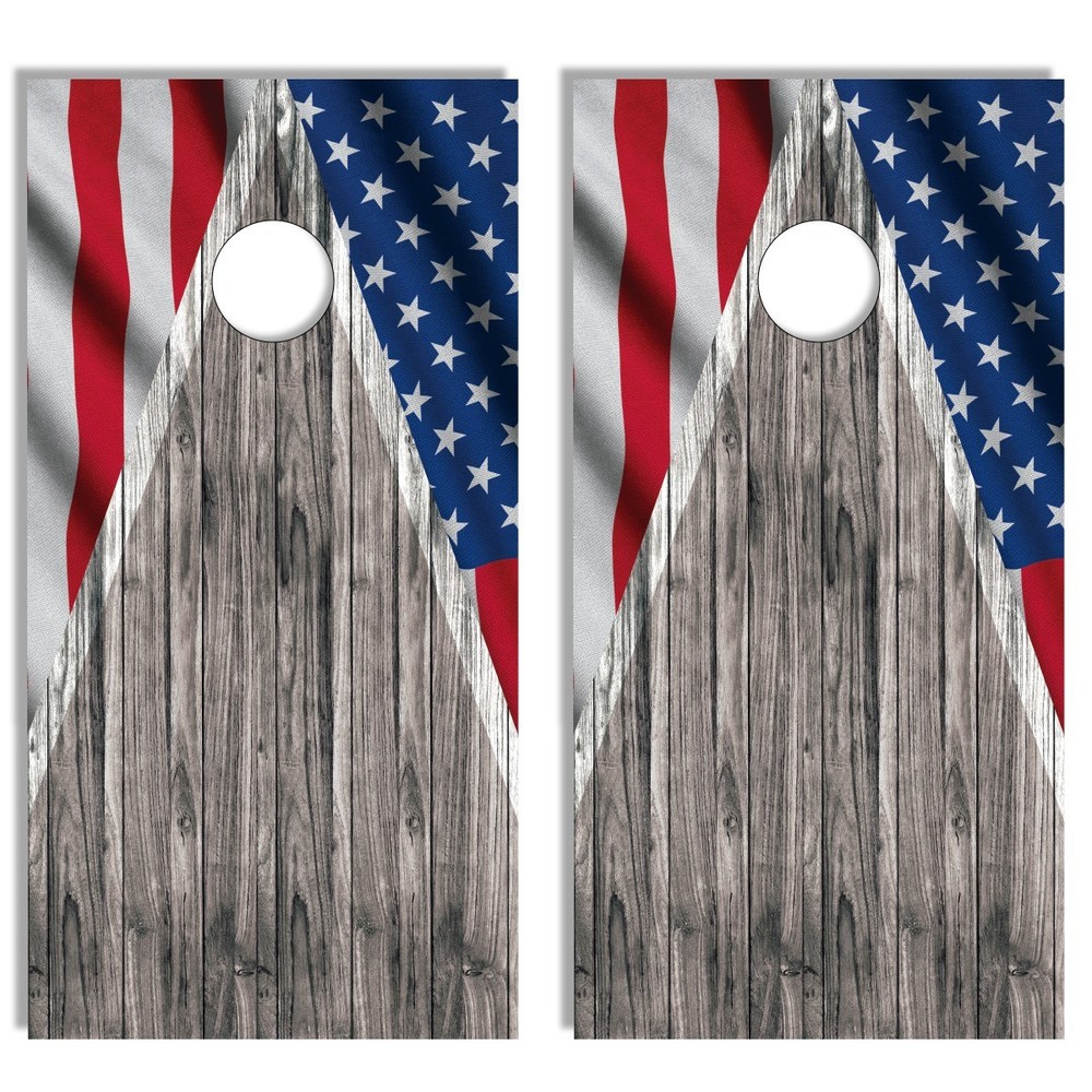 FADEPROOF Cornhole Wraps - USA Flag on Woodgrain - Laminated - 2x4 Size