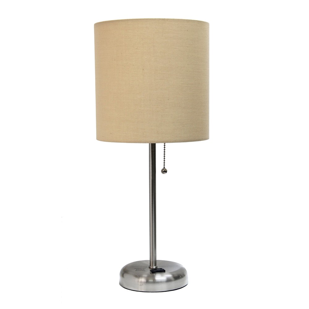 Brushed Steel Stick Table Desk Lamp with USB Charging Outlet and Drum Shade