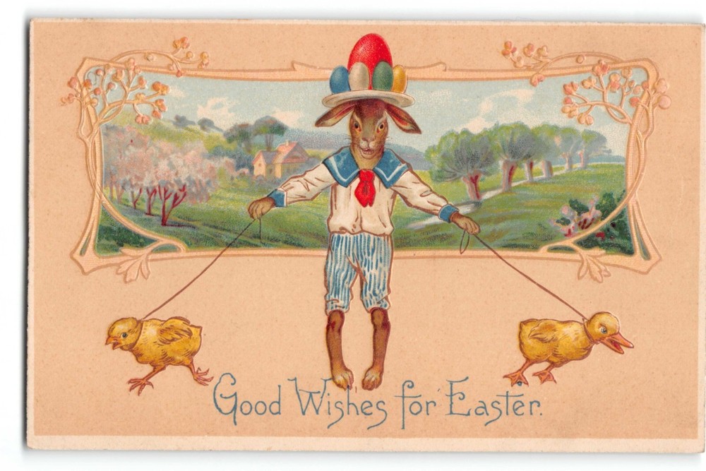Vintage Anthropomorphic Easter Postcard Rabbit Walking Chick Baby Duck Leash 00s