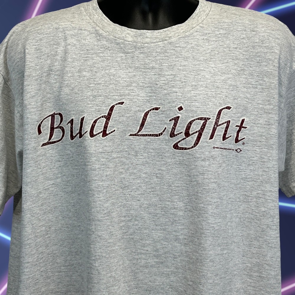 Vintage Bud Light Beer T Shirt Mens X-Large Spellout Script Anheuser Busch Gray