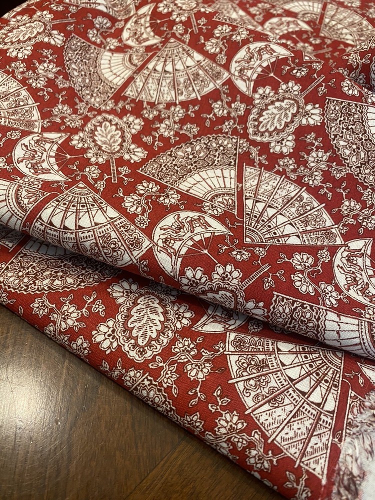 Vtg Red Cotton Fabric quilt weight Victorian Style Lace Fans floral Print 2 YDS