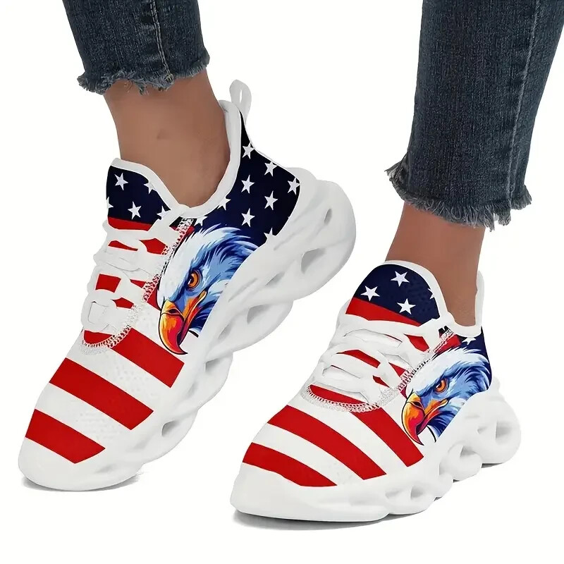 NWOT American Flag Eagle Womens Patriotic Sneakers Shoes, Lace Up Size 9