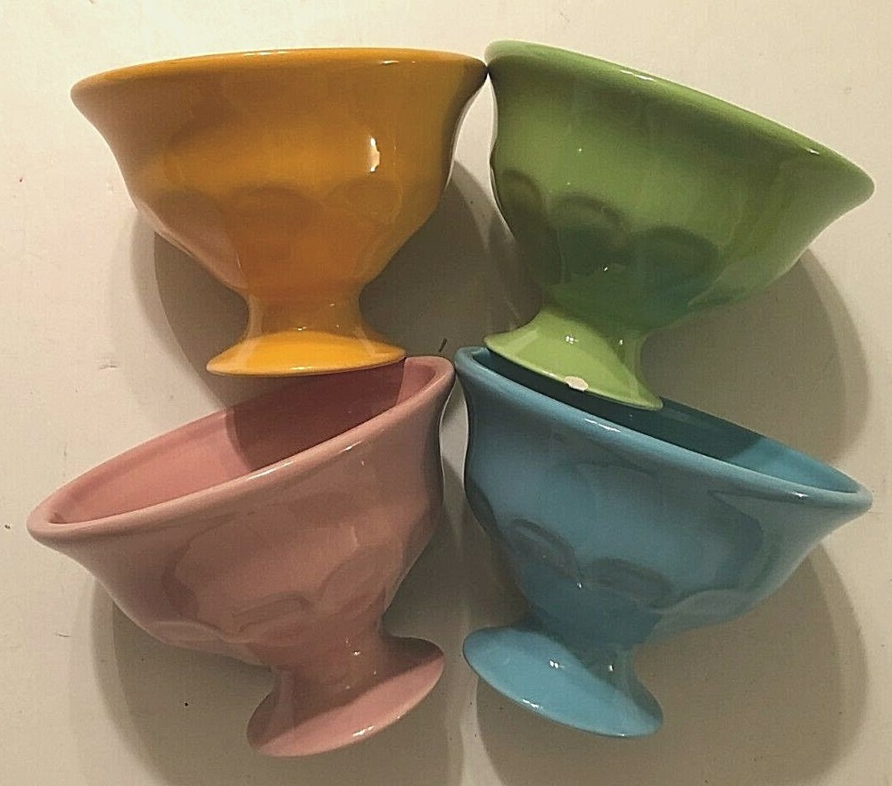 Set of 4 Ceramic Orange Green Pink Blue Cereal Dessert Glossy Stem Bowl