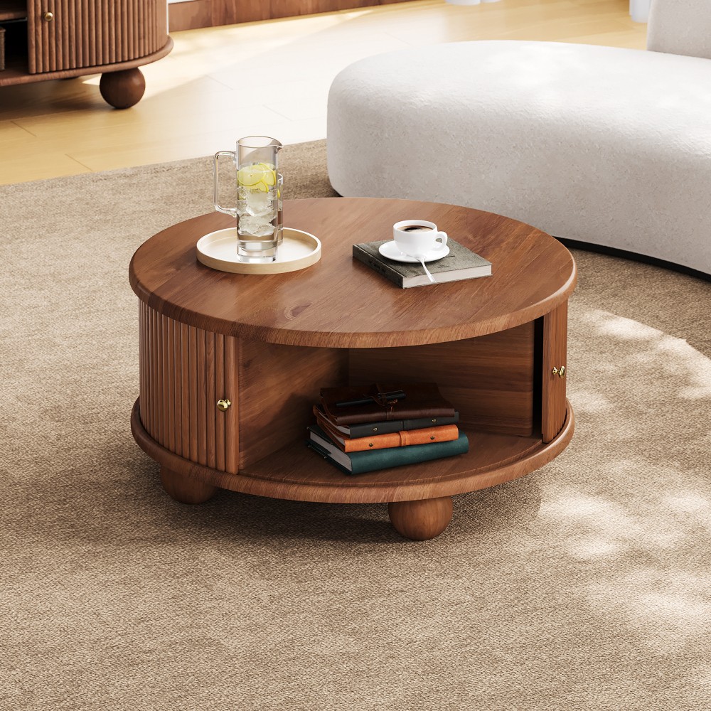 Round Storage Coffee Table with Groove and Sliding Door Featuring Hidden Storage