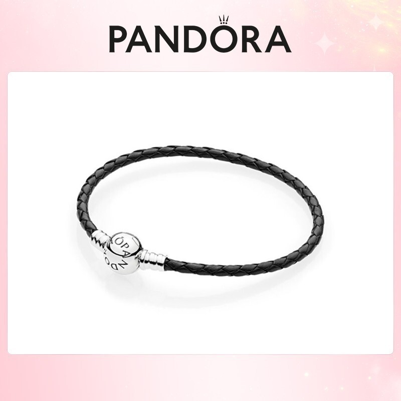 PANDORA Black Leather Bracelet with Ball Clasp #590745CBK-S