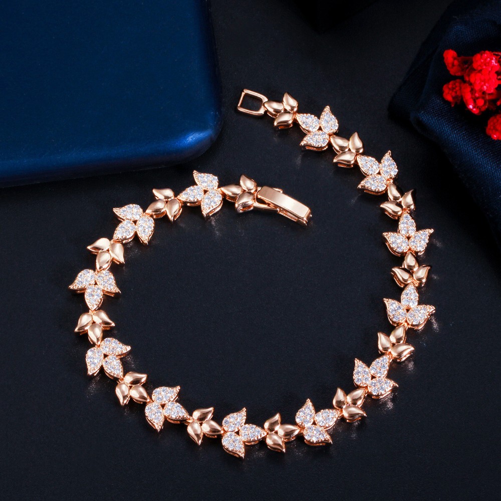 585 Rose Gold Plated Cubic Zirconia CZ Leaf Tennis Chain Link Bracelet Jewelry