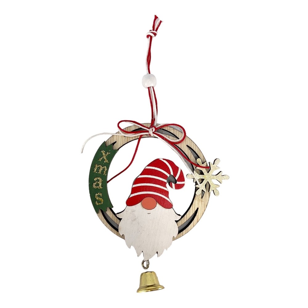 Gnome and Snowflake Wood Christmas Ornament with Hanging Bell 6 Inch