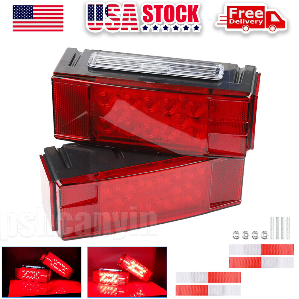 Left+Right LED Red Trailer Boat Rectangle Stud Stop Turn Tail Lights Waterproof