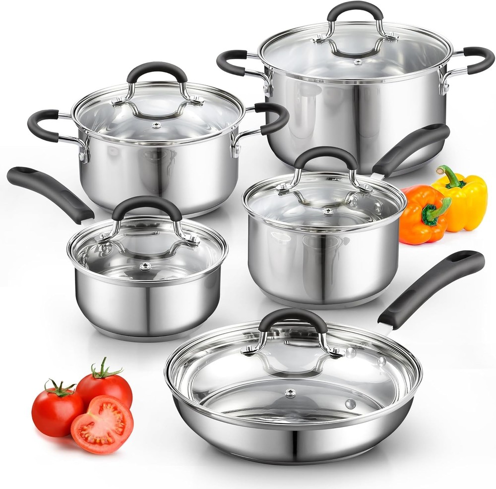 Cook N Home 10-Piece Stainless Steel Pot and Pan Set in Silver