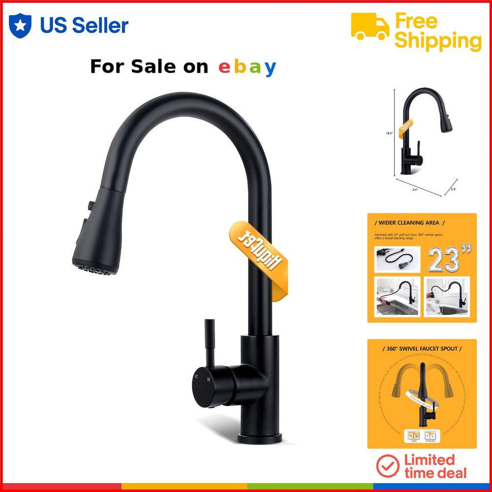 Stainless Steel Black Kitchen Faucet with Pull Down Sprayer Single Handle Deck Mount