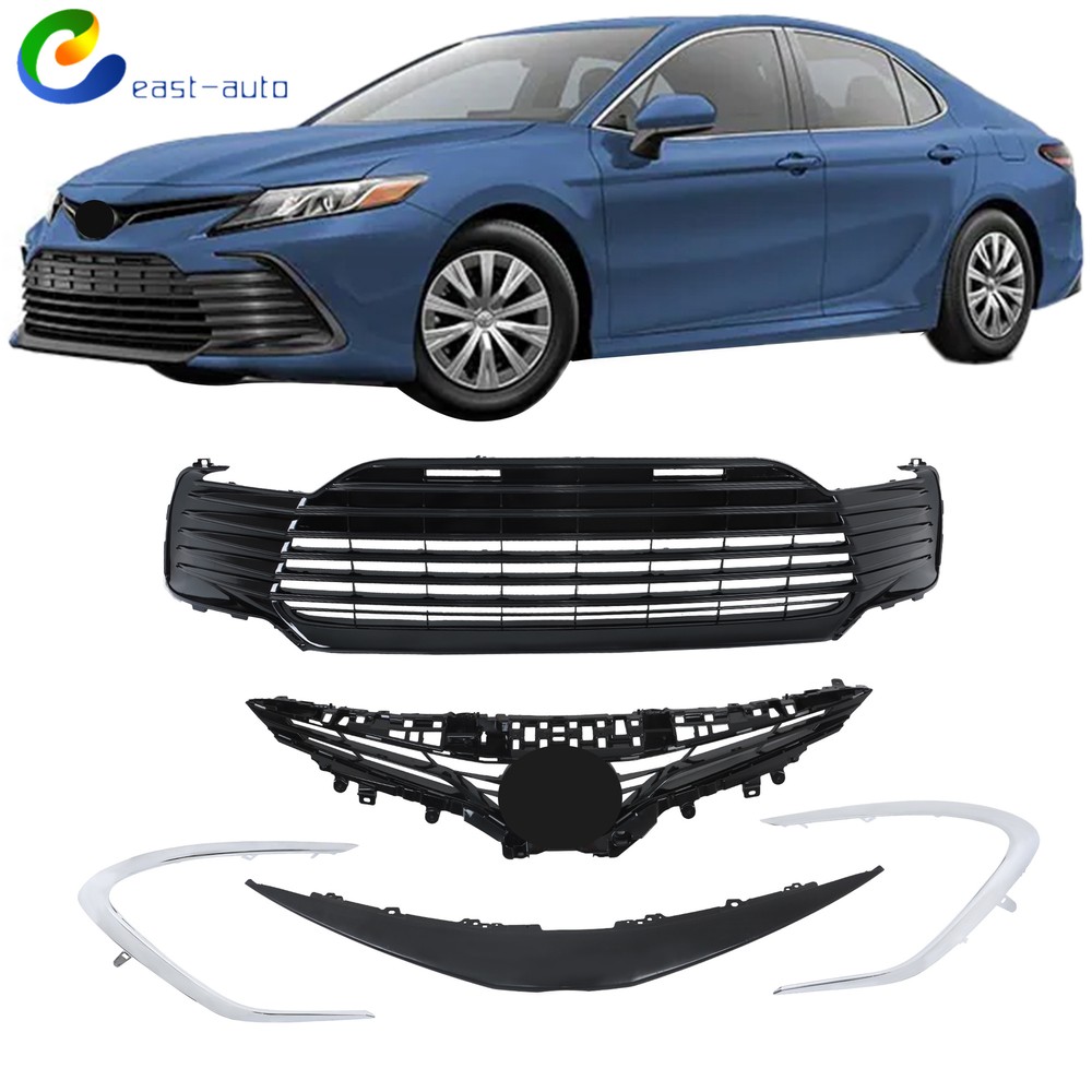 For 21-22 Toyota Camry LE Front Upper+Lower Grille Strip Trim Gloss Blk Plastic