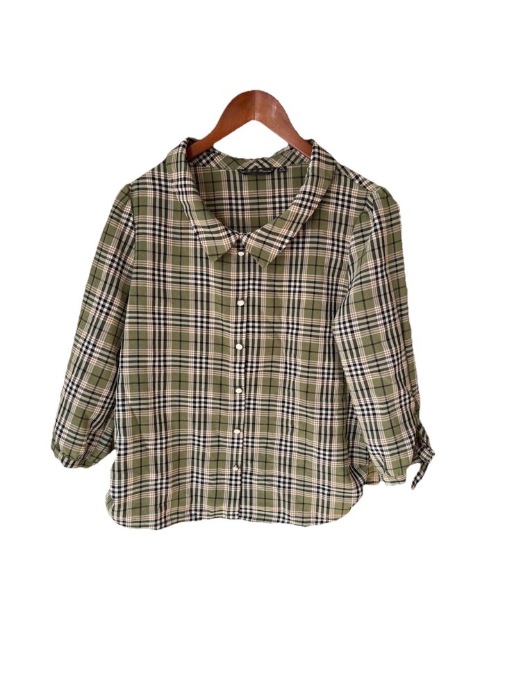 Women’s Preppy Green Plaid Pearl Button 3/4 Sleeve Blouse Size Large Classic Top