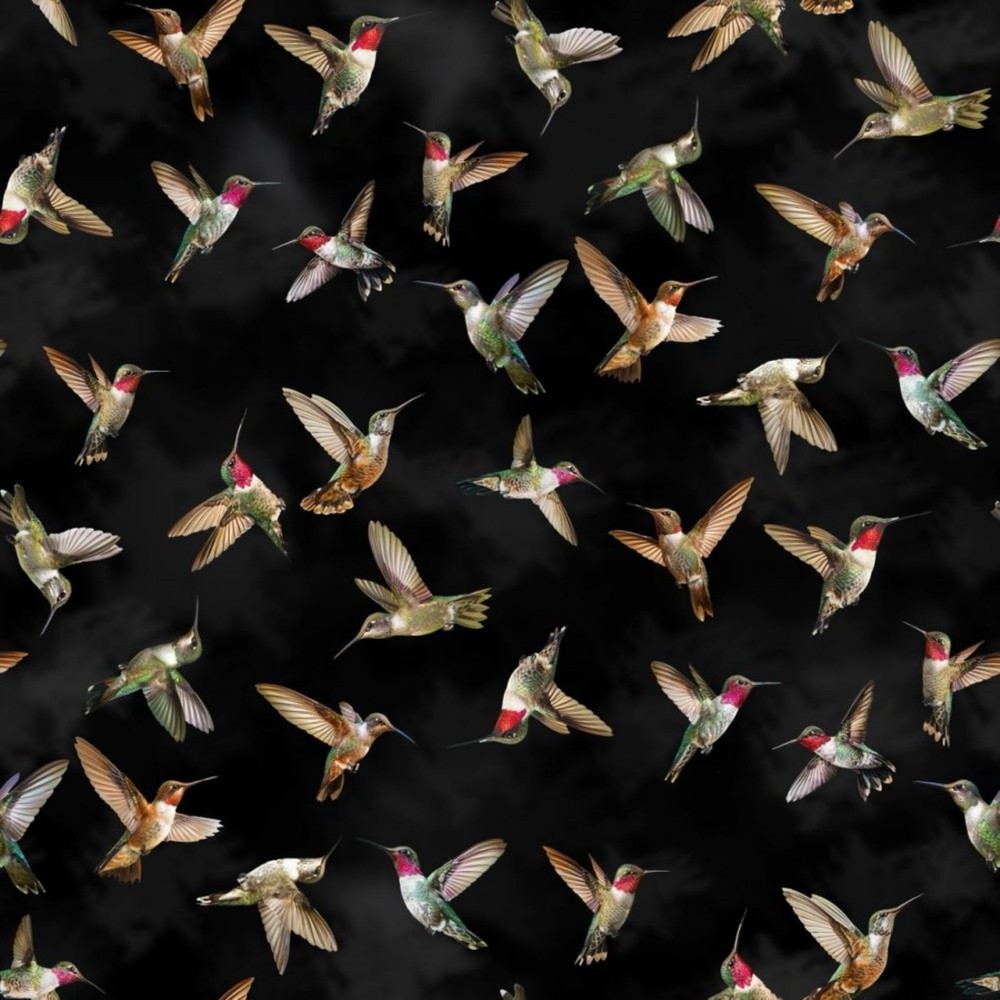 Hummingbird Harmony Birds Toss on Black Fabric By the Yard 100% Cotton