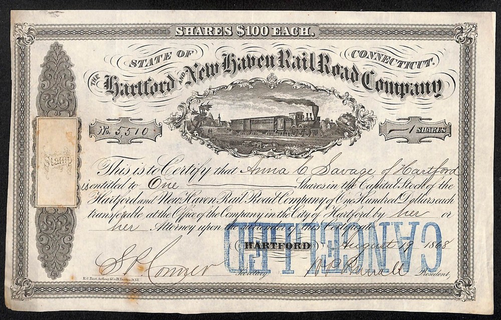 Hartford and New Haven Railroad 1868 Stock Certificate #5510 Anna C. Savage VGC