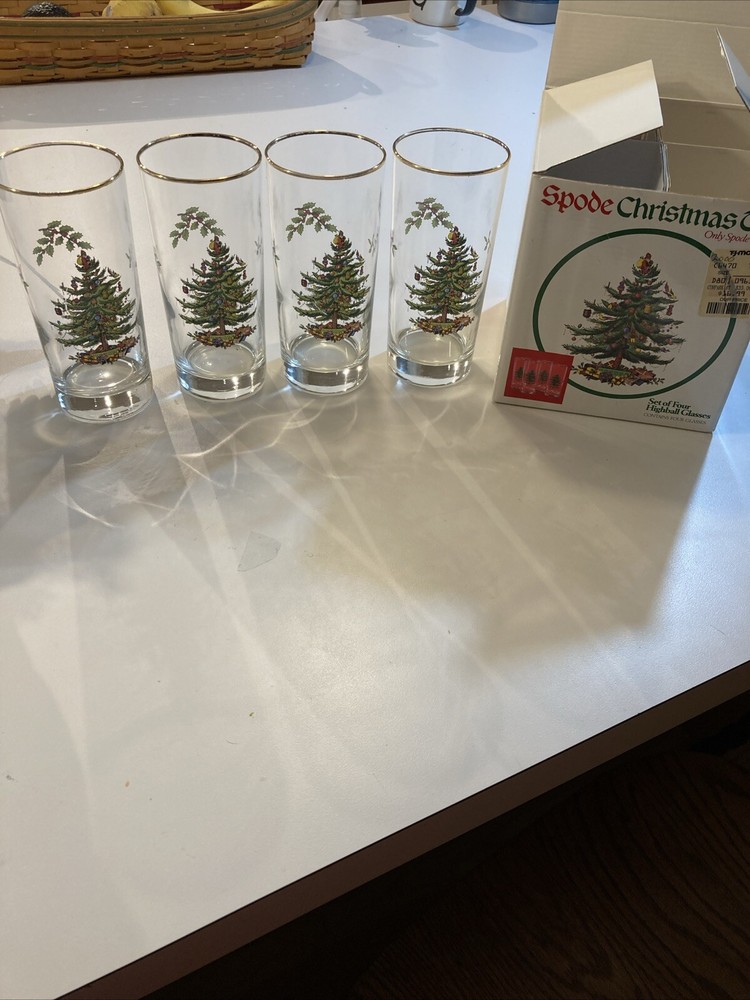 SPODE Christmas Tree Gold Trim Highball Drinking Glasses Set Of 4 5½