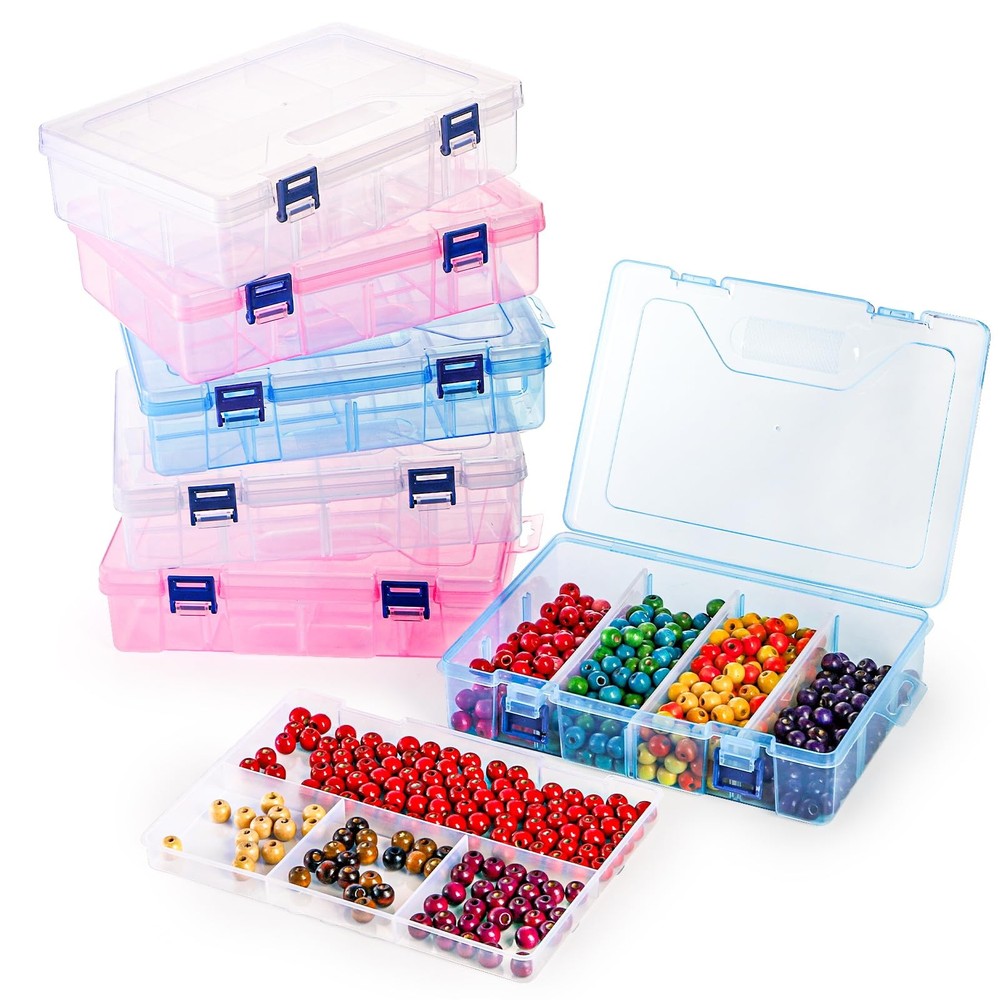 6 Pack Double Layer Plastic Organizer Box with Adjustable Dividers for Beads