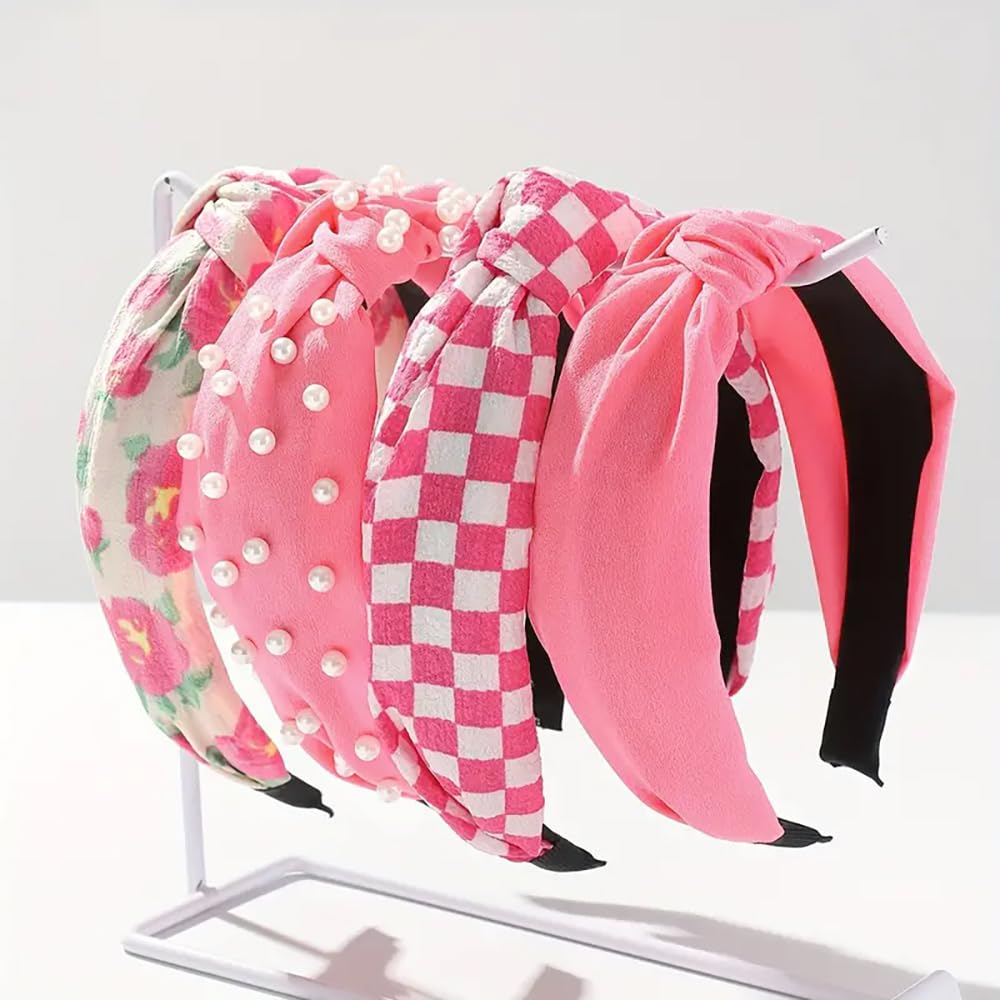 Huachi 4-Pack Pink Floral Knotted Headbands for Women and Girls
