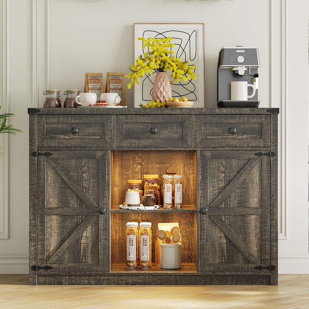 Sideboard Buffet Cabinet with Light, Large Storage Cabinet with Charging station