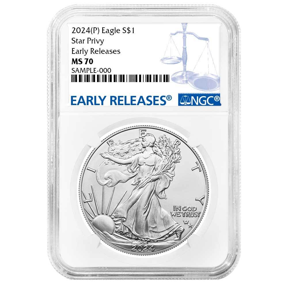 Presale - 2024 (P) $1 American Silver Eagle Star Privy NGC MS70 ER Blue Label-image