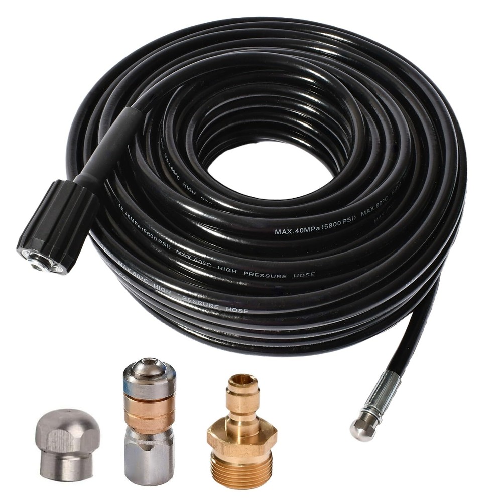 50FT 5800 PSI Pressure Washer Hose Jetter Nozzles Kit 1/8”NPT Sewer Drain Rot...