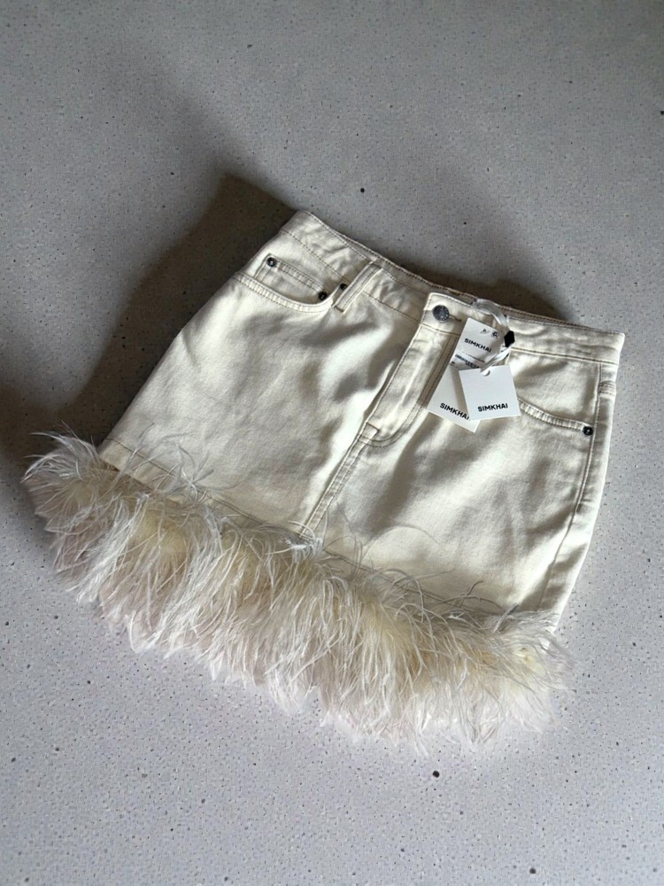 SIMKHAI Federica White Feather Trim Denim Mini Skirt MSRP $445